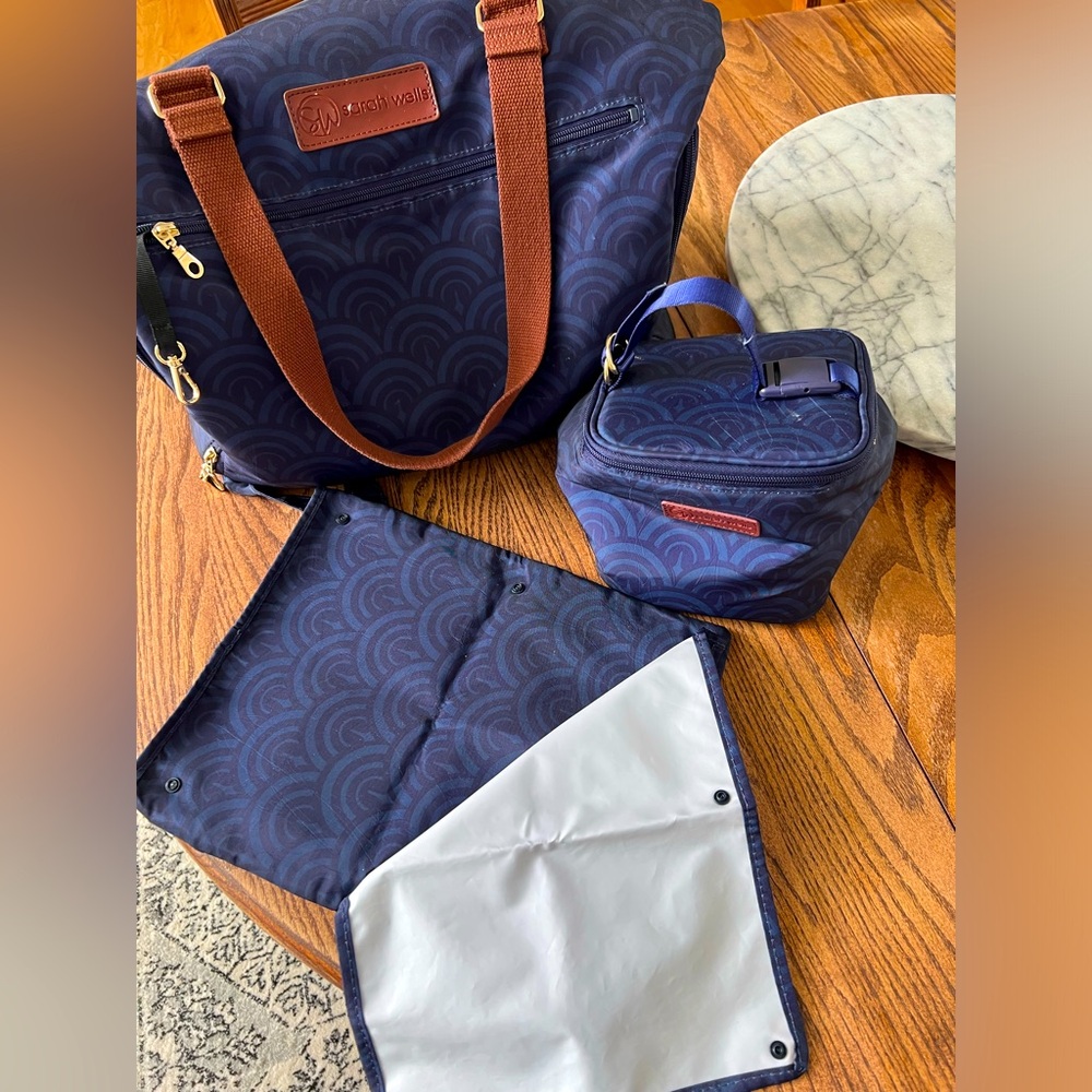 Sarah Wells Lizzy pump bag, cold gold cooler, and pumparoo wet/dry bag in navy
